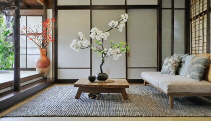 living room with flowers, "Serenity in Simplicity: Modern Japanese Living Room Décor"