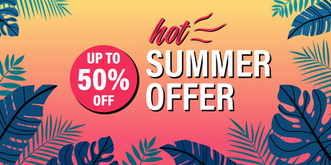 Summer sale. Summer offer. Bright banner template. Exotic concept. Vector illustration with tropical leaves on yellow background.
