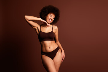 Photo of pretty cute lady underwear lingerie accepting cellulite skin looking emtpy space isolated...