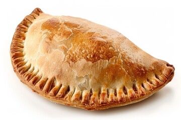 Fototapeta premium Golden brown curry puff pastry close up on white background, hinting warmth and freshness