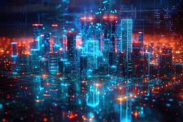 Urban nightscape: A holographic cityscape materializes in the night, pulsating with a neon blue glow.