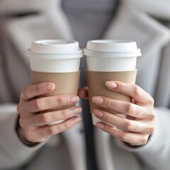 Embrace the simplicity and sophistication of this close-up photograph featuring female hands delicately holding paper coffee cups against a sleek gray background