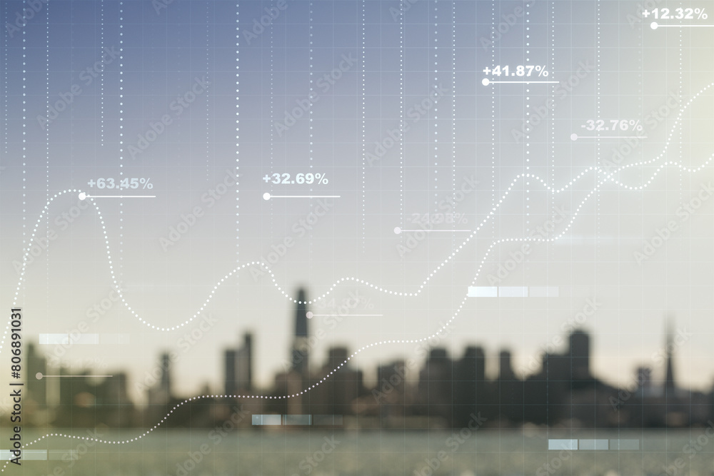 Poster Multi exposure of abstract virtual graphic data spreadsheet sketch on blurry skyscrapers background, analytics and analysis concept
