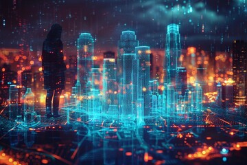Obraz premium Future metropolis: City buildings shimmer in a holographic projection, awash in a vibrant neon blue light.