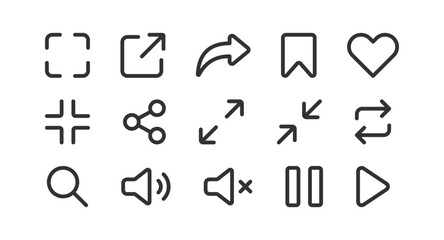User interface icon. Social media button. UI UX app, website. Link, sound, share, search set.