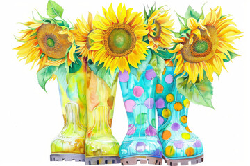 A watercolor painting of rain boots and sunflower, summer concept