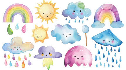A collection of cute watercolor clouds and suns with a smiling moon, weather concept