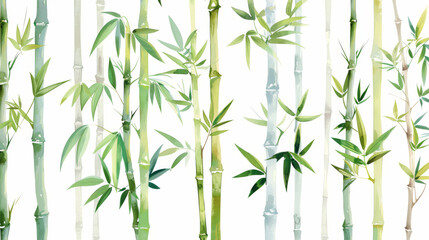 A watercolor painting of bamboo trees with green leaves isolated on white, oriental pattern background.