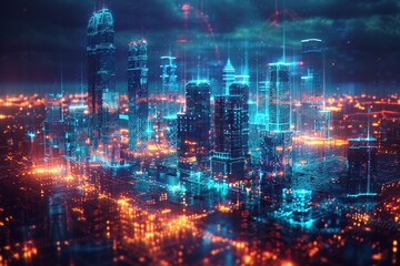 Obraz premium Neon dreamscape: A holographic projection of a cityscape bathed in an ethereal glow of neon blue.