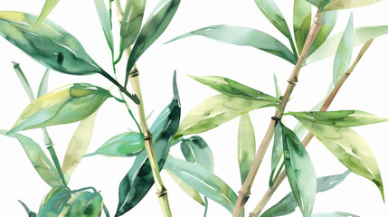 A watercolor painting of bamboo trees with green leaves isolated on white, oriental pattern background.