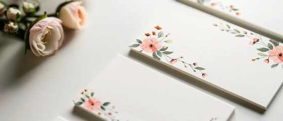 Develop a set of watercolor business cards, each with a small floral frame in one corner, providing a professional yet personal touch on a white background