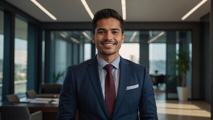 Smiling elegant confident young professional Latino hispanic business man , male proud leader, smart Latin businessman lawyer or company manager executive looking at camera standing in office