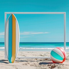 summer background with big surfing board a beach ball and white rectangle frame, tropical beach theme, bright blue sky. can be use for summer social ad, summer social media post 