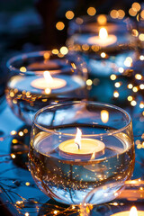 Floating candles in glass bowls filled with water and topped with fairy lights. The lights reflect off the water's surface, creating a tranquil ambiance