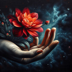 A hand holding a flower, painting on canvas.	