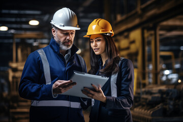 Two industry employees in hard hats at factory