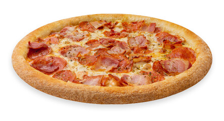Pizza with salami and bacon, perspective, on a white background, isolation.