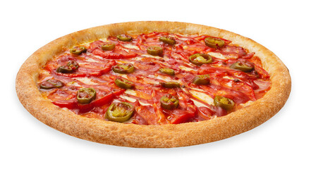 Pizza with jalapeno, tomatoes and bacon perspective, on a white background, isolation.