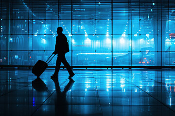 Traveler silhouette with suitcase walking through airport terminal at night with bright lights in background