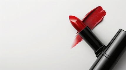 Close-up of a red matte lipstick isolated on a white background, The lipstick is a deep red color and has a shiny finish ,It is perfect for a bold and dramatic look ,Cosmetic branding, girly 