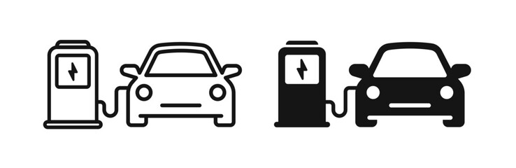Electric car icon set. Electromobile charging station. Auto accumulator recharging. Electric car charge station icons