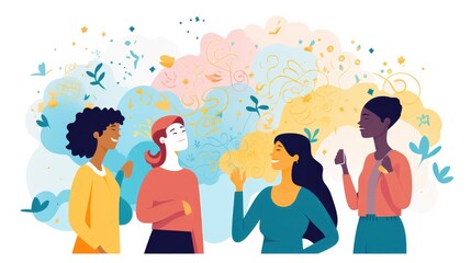 Fototapeta premium Positive affirmations cartoon illustration - Generative AI. People, woman, man, smiling, colorful.