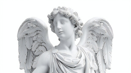 Radiant White Greek Sculpture: A Serene Angel Statue Standing Proud Against a Crisp White Background