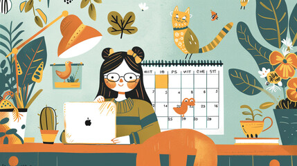 A cozy desk calendar with adorable illustrations and cheerful faces, keeping track of dates with whimsical charm.