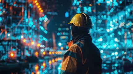 engineers achieving success in their work. Futuristic background