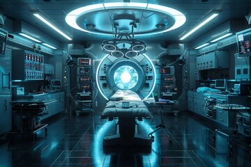 Futuristic operating room with water blue light in circular space