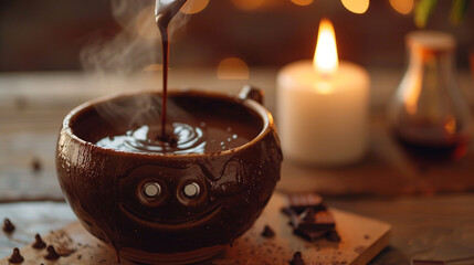 A cozy chocolate melting pot with a contented expression, melting chocolate for dipping or drizzling.