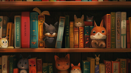 A cozy bookshelf filled with adorable book characters peeking out from behind the books.