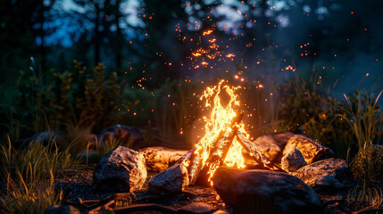 A cozy campfire with glowing logs and a cheerful flame, crackling with warmth.