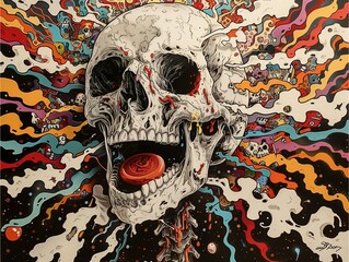 The cartoon style of skull fragments forth with intricate patterns of unexpected objects.