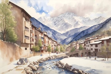 Encamp Andorra Country Landscape Illustration Art