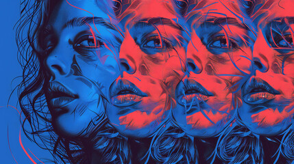Vivid Artistic Expression: A Spectrum of Feminine Beauty Through Multiple Versions of a Woman's Face, Illustrated in Red and Blue