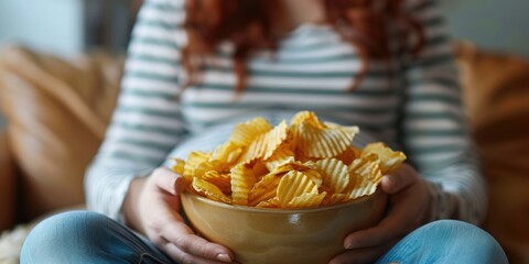 Pregnant woman sitting on the sofa enjoys eating potato chips from a bowl at home. ai generated