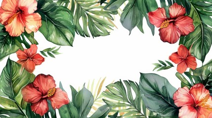 Illustrate a series of watercolor frames made of tropical flowers and exotic leaves, each vibrant composition isolated on a white background