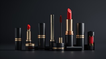 Illustrate a set of mockups for highend cosmetic products, such as lipsticks and mascaras, using rich, elegant textures and materials, presented without logos