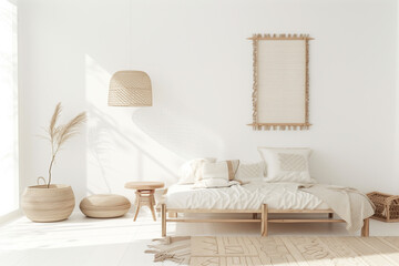 Wall mock-up in white interior with wooden furniture