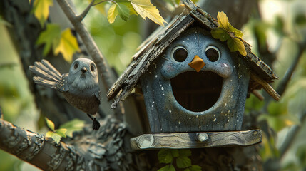 A cozy birdhouse with a welcoming smile, inviting feathered friends to make it their home.