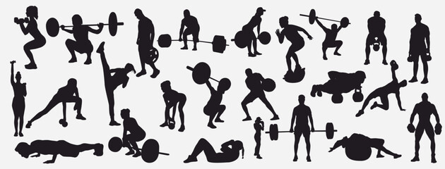 Gym and fitness silhouette collection. Set of fitness people doing fitness and gym activities. 