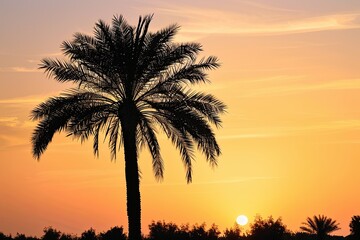 Tranquil silhouette against golden sky: Majestic date palm at sunset
