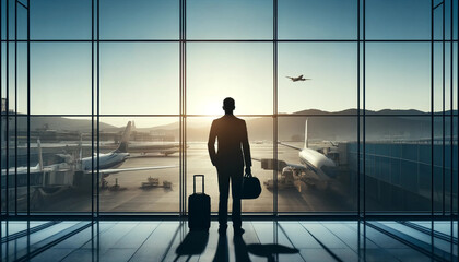 silhouette of a  male passenger  at the airport against the background of a glass wall
