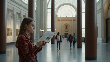 Side view of young caucasian woman student visiting museum and reading brochure, Light hall in background, Concept of cultural education and Museum's Day