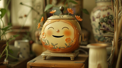 A charming wind-up music box with a cheerful face, playing a soothing melody as it spins.