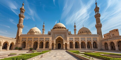 Fototapeta premium Against clear blue sky, majestic traditional Arabic architecture displays intricate details