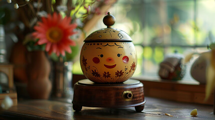 A charming wind-up music box with a cheerful face, playing a soothing melody as it spins.
