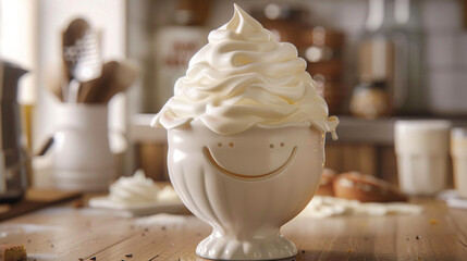 A charming whipped cream dispenser with a cheerful grin, topping desserts with fluffy clouds of cream.