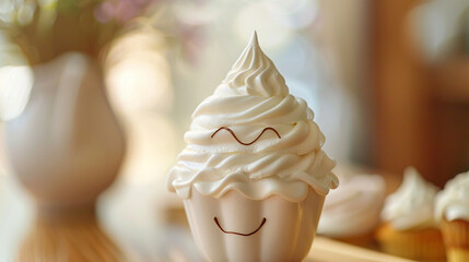 A charming whipped cream dispenser with a cheerful grin, topping desserts with fluffy clouds of cream.